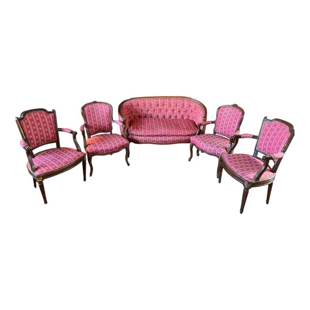 5-Piece Antique French Salon Suite — Settee & Bergère Chairs, Red Upholstery For Sale