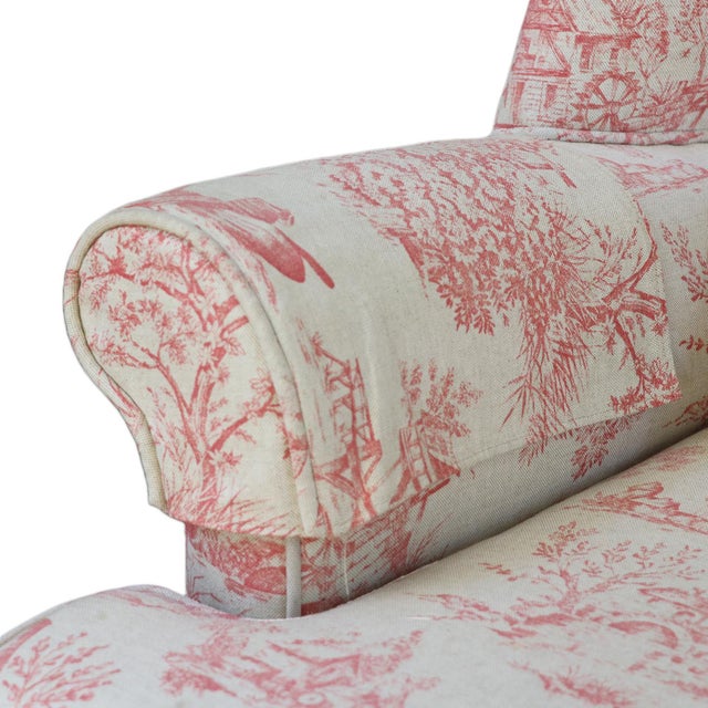 Queen Anne Style Wingback Armchair in Red Toile De Jouy For Sale - Image 9 of 14
