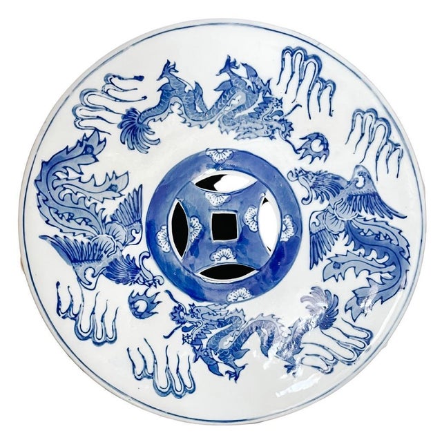 Blue Late 20th Century Chinese Blue & White Garden Stool With Dragon & Phoenix Motif For Sale - Image 8 of 9