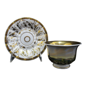 SPM German 19th Century Porcelain Hand Painted Gold Gilt Landscape Cup & Saucer