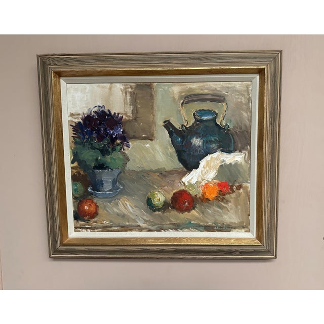 Original Vintage Swedish Oil on Canvas – “Still Life with Kettle” by Karl Gustav Strandberg – Signed – Framed – 72 × 82 cm...
