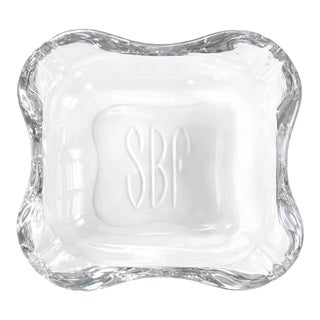 Mid 20th Century Heavy Glass Monogrammed Ashtray With Sculptural Organic Form For Sale