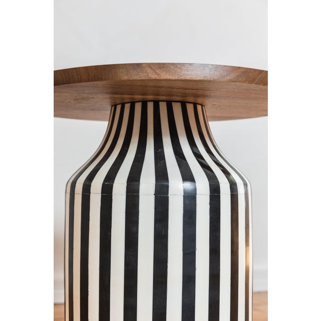 Black and White Striped Ceramic Side Table With Wooden Base | Chairish