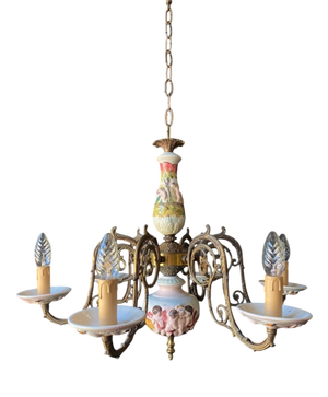 Antique Ceramic and Brass Chandelier, 1960s