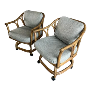 Late 20th Century Vintage Mid Century Boho Chic Style Ficks Reed Leather Bound Rattan and Teak Swivel Chairs With Custom Cushions - a Pair