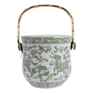 Green & White Bamboo Handle Ice Bucket For Sale
