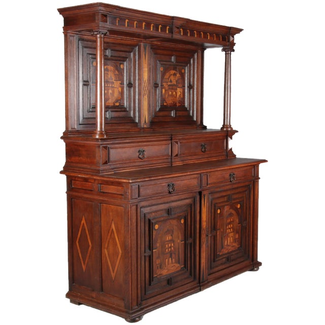 Antique Historicism Credence Buffet with Carving and Architecture Inlays German attachment buffet, oak massif and veneered...