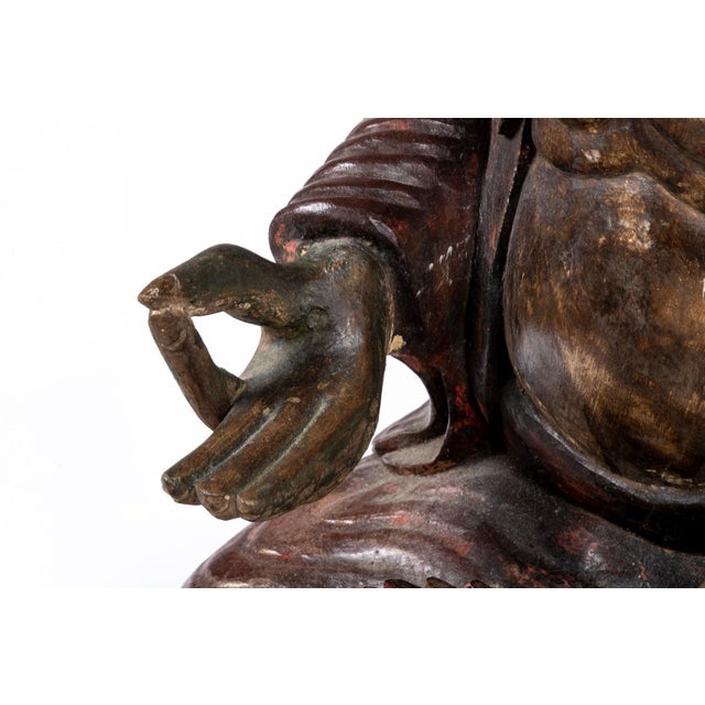 Wood Antique Painted and Gilt Carved Seated Buddha Sculpture For Sale - Image 7 of 10