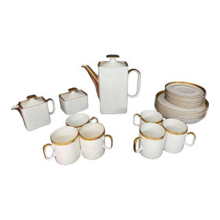 Vintage Rosenthal Germany 21-Piece Porcelain Coffee Service – White With Heavy Gold Trim, Mid-Century Modern For Sale