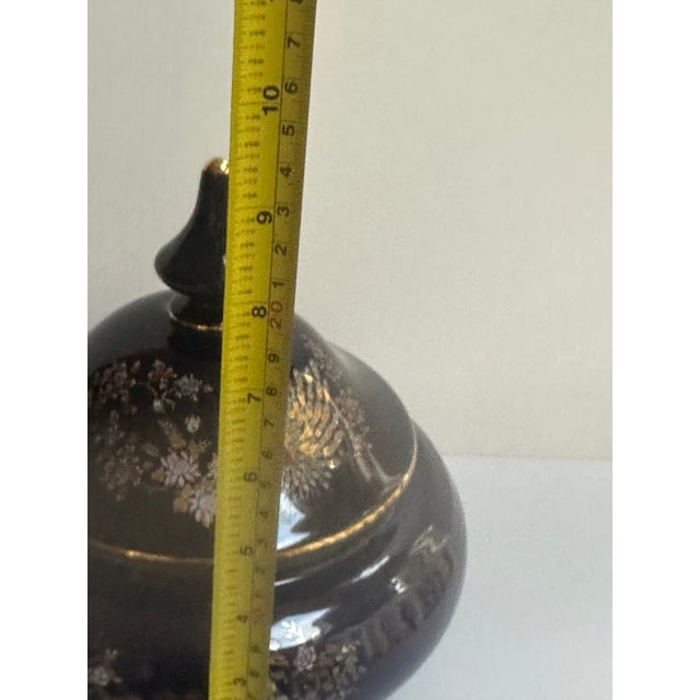 Italian Keramos Capodimonte Cobalt Blue Glaze Ornate Gold Handprinted Peacock and Floral Motif Lidded Round Vase Jar For Sale - Image 9 of 16