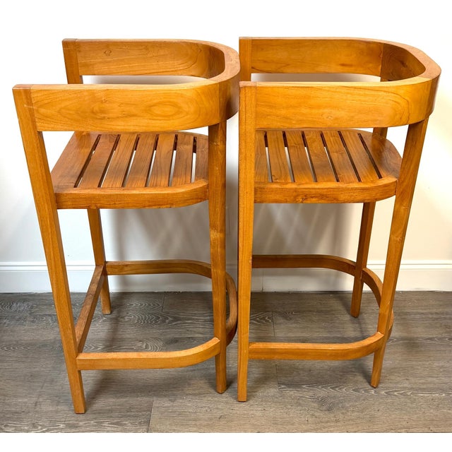 Pair Architectural Solid Teak Bar Stools Attributed to Palecek, Organic Modern For Sale - Image 13 of 14