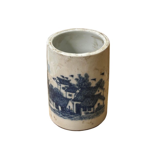 Chinese Distressed White Porcelain Blue Mountain Houses Graphic Holder Vase For Sale - Image 15 of 15