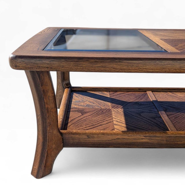 Mid 20th Century Smoked Glass and Oak Parquetry Coffee Table With Lower Shelf For Sale In Los Angeles - Image 6 of 18