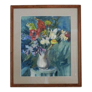 1960s MCM Floral Still Life Watercolor Painting 25.5" X 29.5" For Sale
