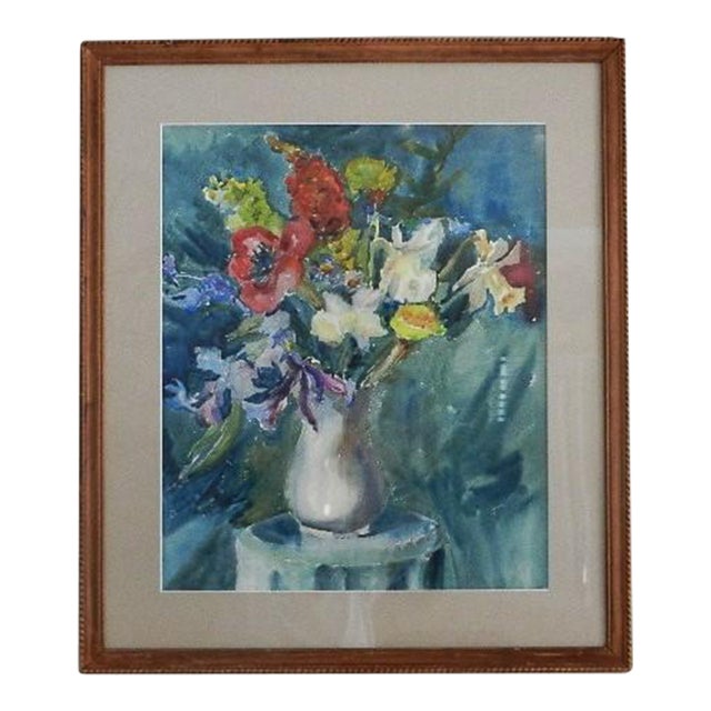 1960s MCM Floral Still Life Watercolor Painting 25.5" X 29.5" For Sale