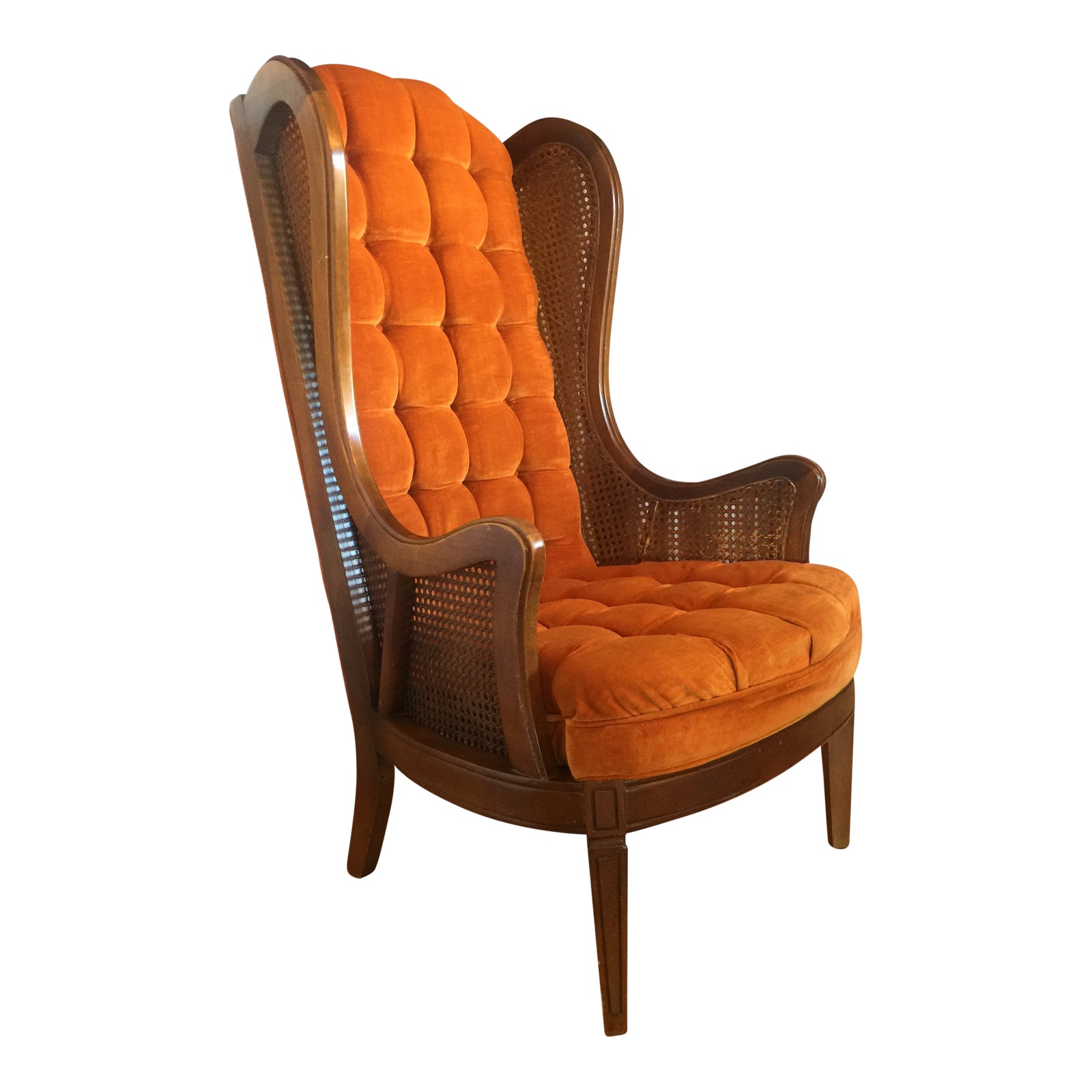 1960’s Mid-Century Modern Lewittes Tufted Velvet Cane Wingback Chair