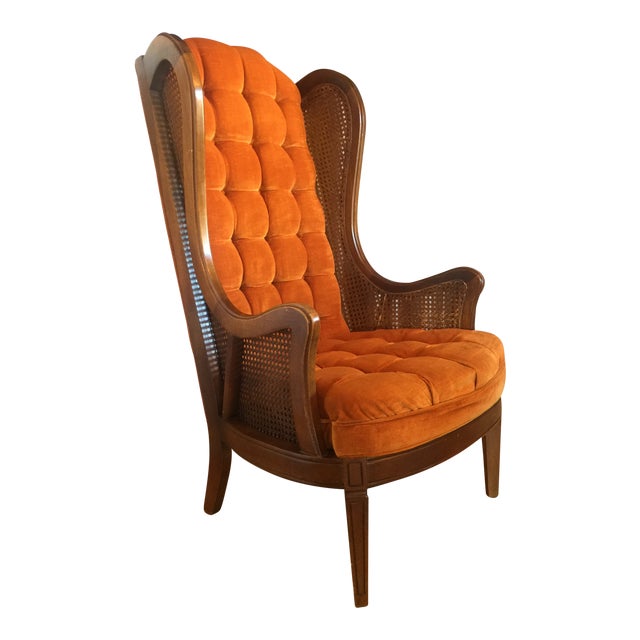 1960’s MidCentury Modern Lewittes Tufted Velvet Cane Wingback Chair