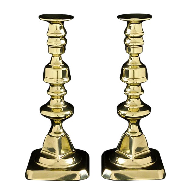 Victorian Knop-Stemmed Brass Candlesticks, Set of 2 For Sale