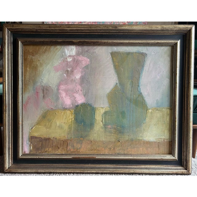 Vintage 1994 abstract modernist still life oil painting on canvas by British artist Julian Brown. Signed en verso. In...