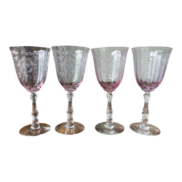 Vintage 1970's Fostoria Navarre Pink Etched Water 4 Goblets For Sale
