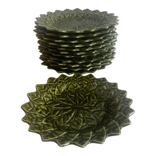 1960s Mid Century Modern Secla Majolica Portugal Lemon Leaf Green 8” Salad Plates Set of 12 For Sale