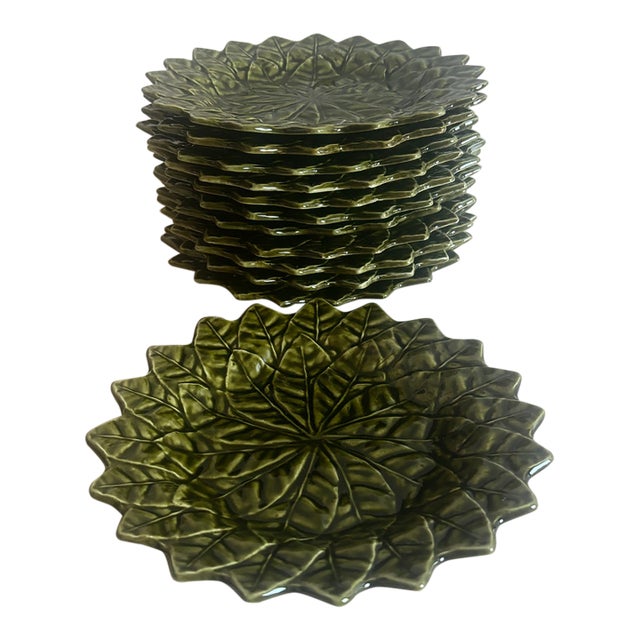 1960s Mid Century Modern Secla Majolica Portugal Lemon Leaf Green 8” Salad Plates Set of 12 For Sale