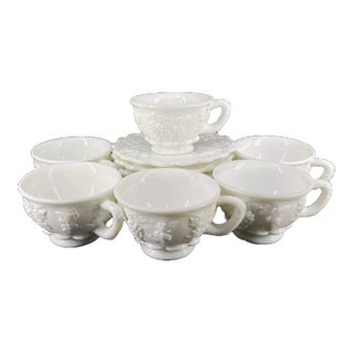 Vintage Westmoreland Paneled Grape White Milk Glass Tea Cup & Saucer Set- 12 Pieces For Sale