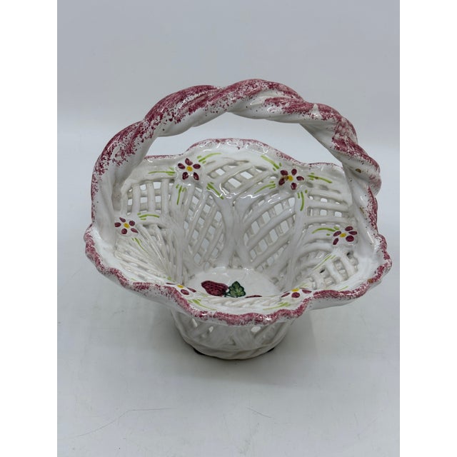 Small Pink and White Reticulated Ceramic Basket Made in Portugal For Sale - Image 9 of 10