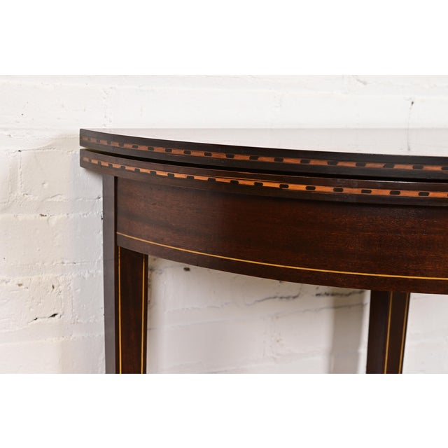 Late 20th Century Baker Furniture Style Federal Inlaid Mahogany Flip Top Demilune Console Game Table For Sale In South Bend - Image 6 of 14