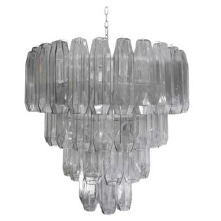 Large Pearl Grey Blown Murano Poliedri Glass Chandelier, 1980s For Sale