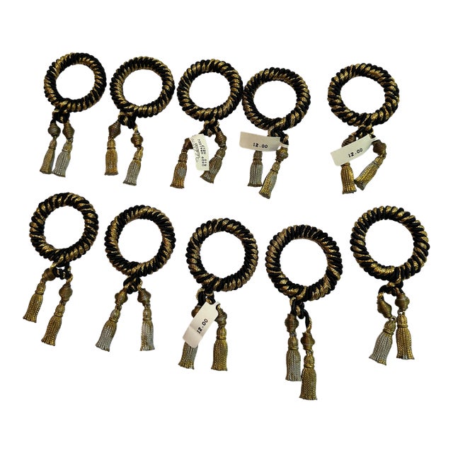 Vintage 1980s Black and Gold Ornate Elegant Napkin Holders With Worn Gold Tone Tassel - Set of Ten(10) For Sale