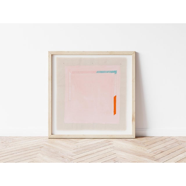 Abstract Minimalist Pink Turquoise and Orange Pastel Art Print, 20 X 20 Print in Wood Frame For Sale - Image 3 of 3