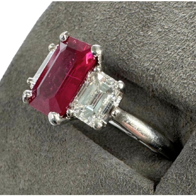 Metal 2.02 CTW Mid-Century Burmese Ruby & Diamond Platinum Three-Stone Ring, Size 6 For Sale - Image 7 of 9