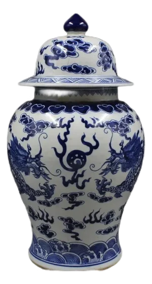 Antique Chinese Ceramic Pot Qing Dynasty Kangxi Marked Blue and White Porcelain Ginger Jar Hand Painted Double Dragon Playing With Pearl Pattern
