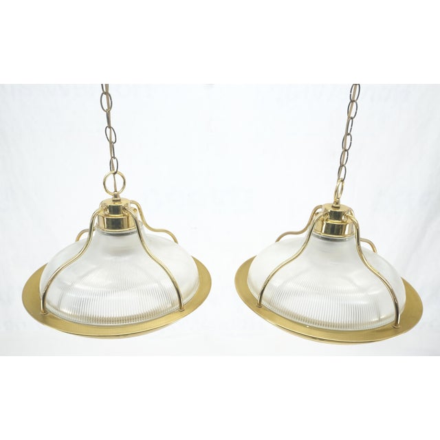 Metal Pair of Round Brass Ribbed Glass Long Chain Light Fixture Pendants MCM For Sale - Image 7 of 12