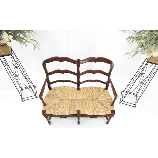 Brown Carved Mahogany Ladder Back Country Rush Seat Loveseat Bench For Sale - Image 8 of 12
