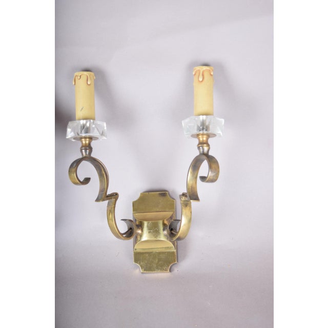 Scrolled Brass Wall Sconces with Crystal Bobeches attributed to Jules Leleu, 1950s, Set of 2 For Sale - Image 9 of 11