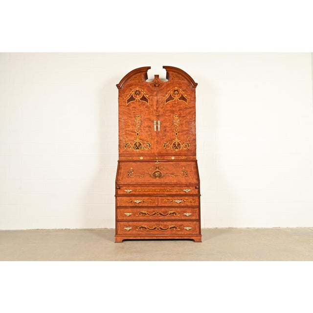 Baker Furniture Style Georgian Burl Wood Inlaid and Hand Painted Drop Front Secretary Desk With Bookcase Hutch Top For Sale - Image 15 of 15