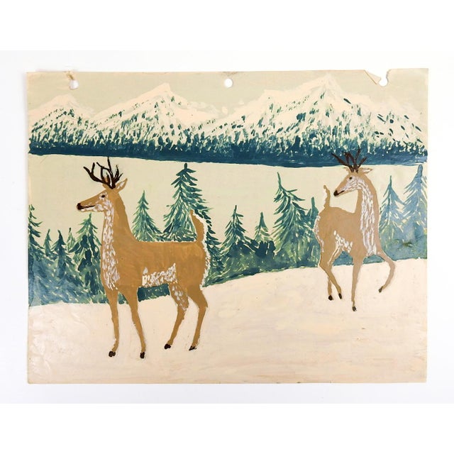 1940's paint on paper outsider folk art painting of a mountain landscape with deer by Clarence Floyd Shade (1902-1976)...