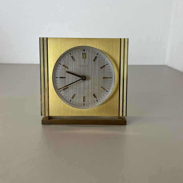 Vintage Hollywood Regency Brass Glass Table Clock from Kienzle, Germany, 1960s For Sale - Image 3 of 16