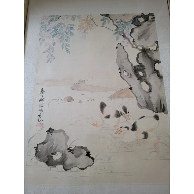 Chinese SIgned Vintage Framed Chinese Silk Watercolor Painting of Ducks For Sale - Image 3 of 9
