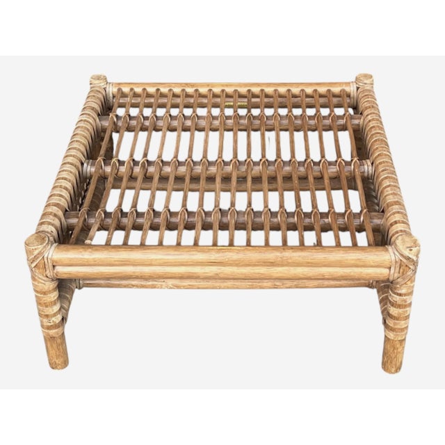 1980s McGuire Thebes Rattan‑Weave Ottoman, Natural Satin Finish, 5" Needlepoint Cushion For Sale - Image 10 of 13