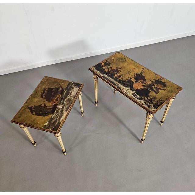 Neoclassical Painted Nesting Tables with Gold Leaf Tops, Set of 2 For Sale - Image 4 of 18