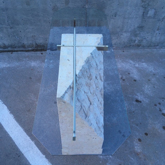 Alabaster Postmodern Brass & Glass Pedestal Console Sofa Table in Tessellate Stone For Sale - Image 8 of 12