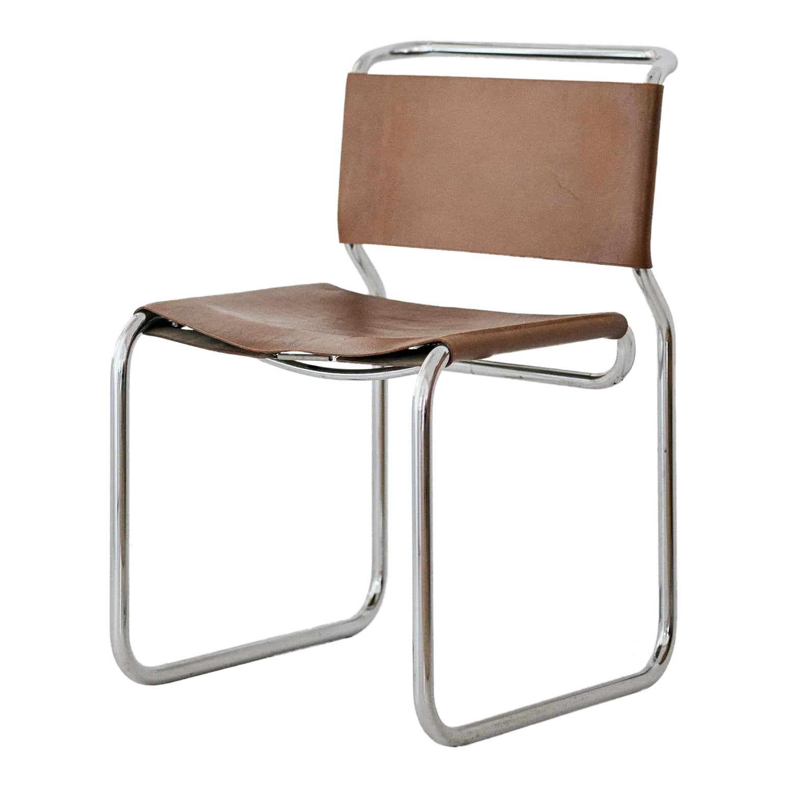 1960s Nicos Zographos “Ch66” Brown Leather and Chrome Side Chair