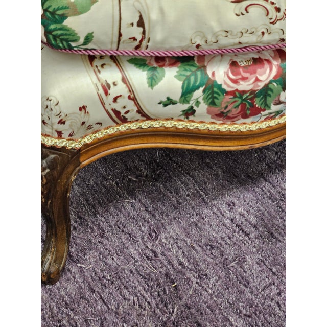 Vintage Tiny Walnut and Chintz Slipper Chairs With Attached Down Cushions - A Pair For Sale - Image 4 of 5