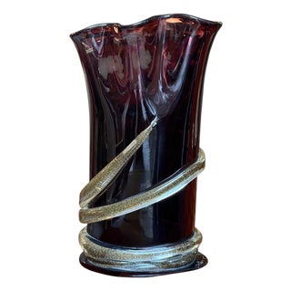 Signed Camozzo Murano Dark Amethyst Art Glass Vase With Gold Flecks. For Sale