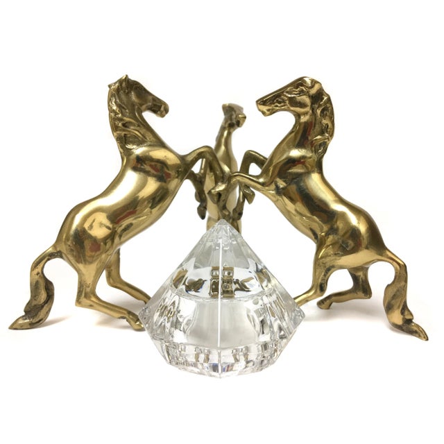 Three Brass Horses Holding Crystal Diamond Candle Holder For Sale - Image 4 of 11