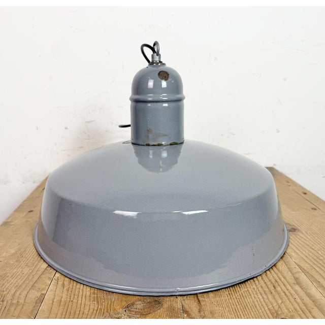 Industrial Grey Enamel Factory Pendant Lamp, 1960s For Sale - Image 14 of 18