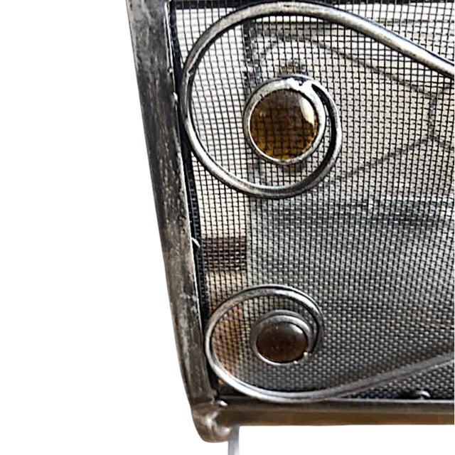 Art Deco Art Deco Style Silver Toned Metal Mesh Firewood Holder Scrolling Metal Amber Glass Medallions For Sale - Image 3 of 9